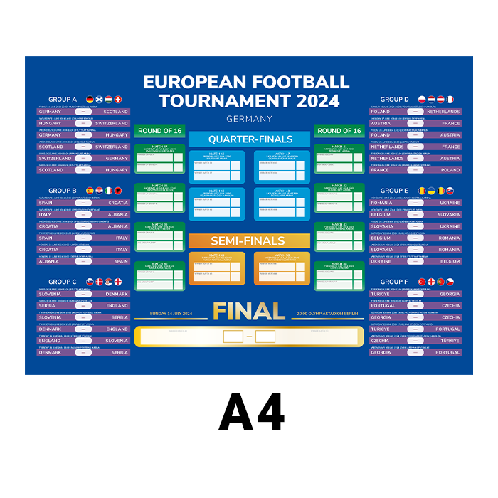 European Football Tournament 2024 Fixtures Wall Chart A4 Football